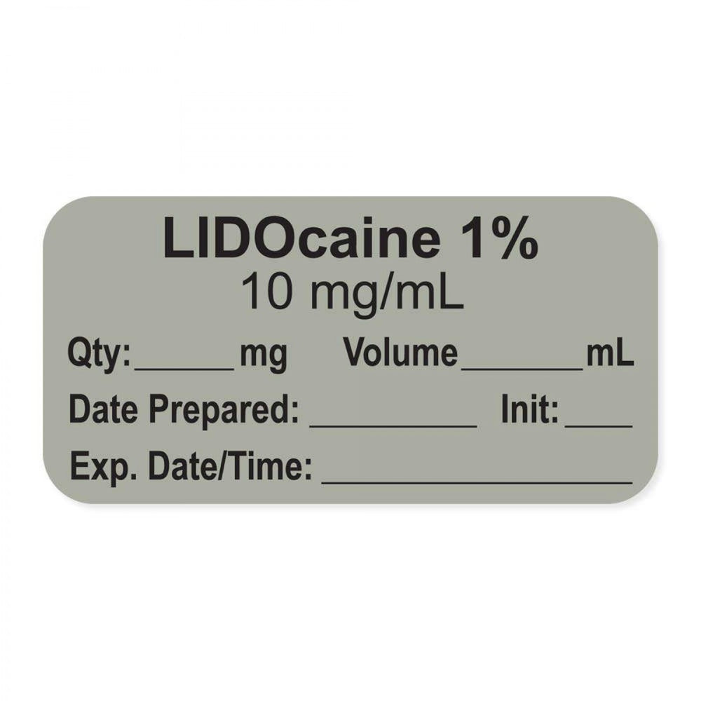 Anesthesia Label, With Expiration Date, Time, And Initial, Paper, Permanent, "Lidocaine 1% 10 Mg/Ml", 1" Core, 1-1/2" X 3/4", Gray, 500 Per Roll