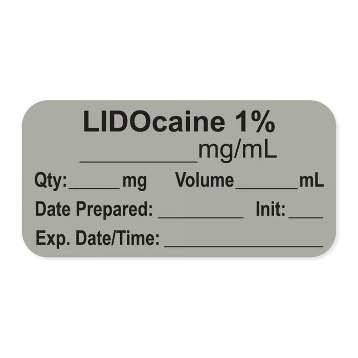 Anesthesia Label, With Experation Date, Time, And Initial, Paper, Permanent, "Lidocaine 0.01", 1" Core, 1-1/2" X 3/4", Gray, 500 Per Roll