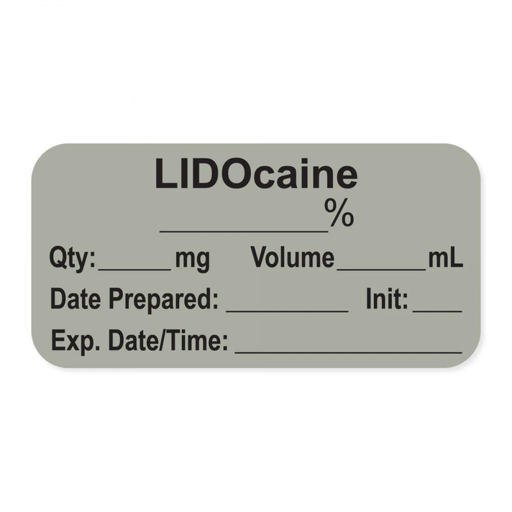 Anesthesia Label, With Experation Date, Time, And Initial, Paper, Permanent, "Lidocaine ___%", 1" Core, 1-1/2" X 3/4", Gray, 500 Per Roll