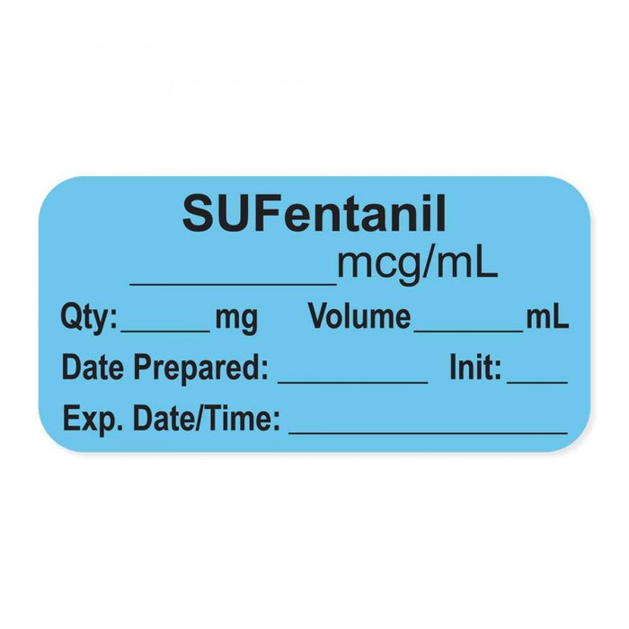 Anesthesia Label, With Experation Date, Time, And Initial, Paper, Permanent, "Sufentanil Mcg/Ml", 1" Core, 1-1/2" X 3/4", Blue, 500 Per Roll