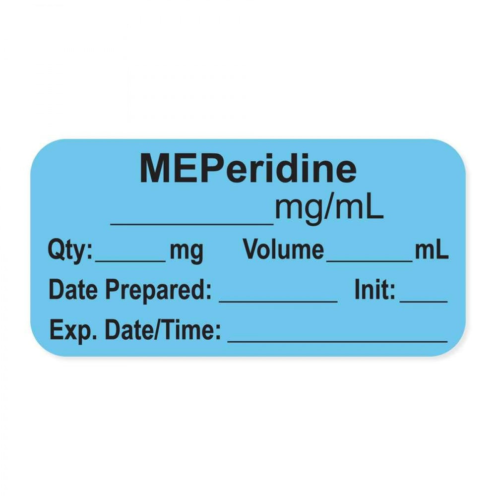 Anesthesia Label, With Experation Date, Time, And Initial, Paper, Permanent, "Meperidine Mg/Ml", 1" Core, 1-1/2" X 3/4", Blue, 500 Per Roll