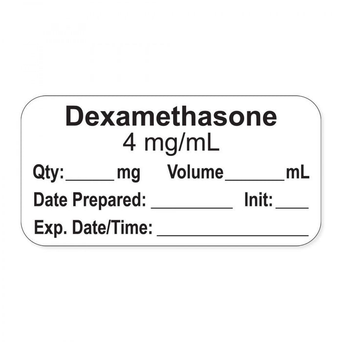 Anesthesia Label, With Experation Date, Time, And Initial, Paper, Permanent, "Dexamethasone 4 Mg/Ml", 1" Core, 1-1/2" X 3/4", White, 500 Per Roll