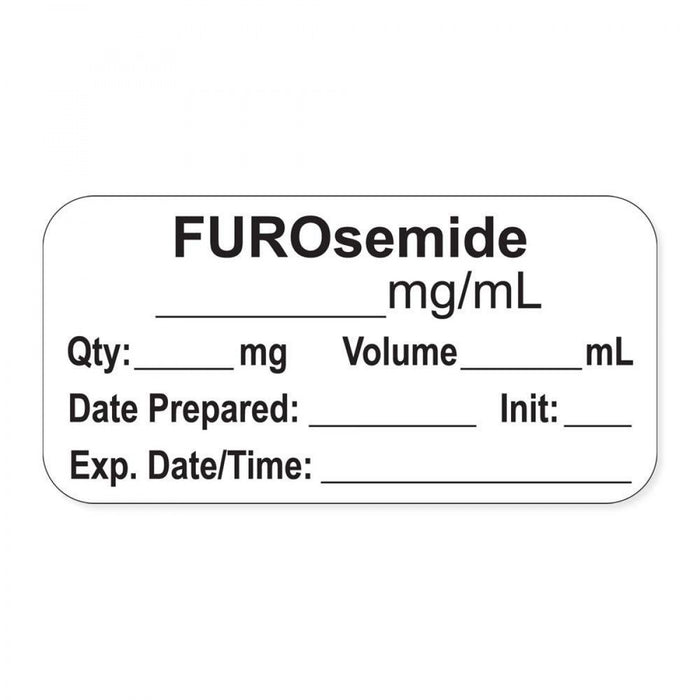 Anesthesia Label, With Experation Date, Time, And Initial, Paper, Permanent, "Furosemide Mg/Ml", 1" Core, 1-1/2" X 3/4", White, 500 Per Roll