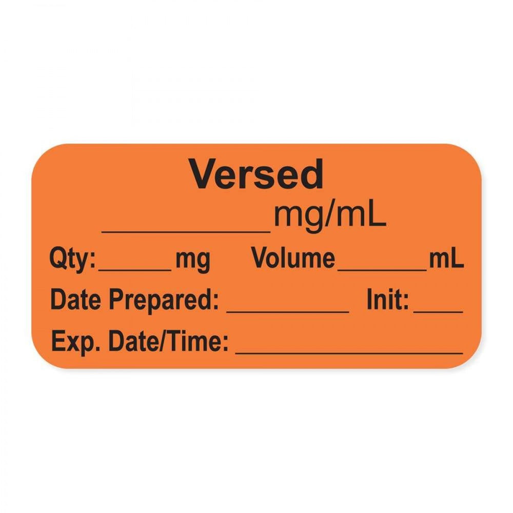 Anesthesia Label, With Experation Date, Time, And Initial, Paper, Permanent, "Versed Mg/Ml", 1" Core, 1-1/2" X 3/4", Orange, 500 Per Roll