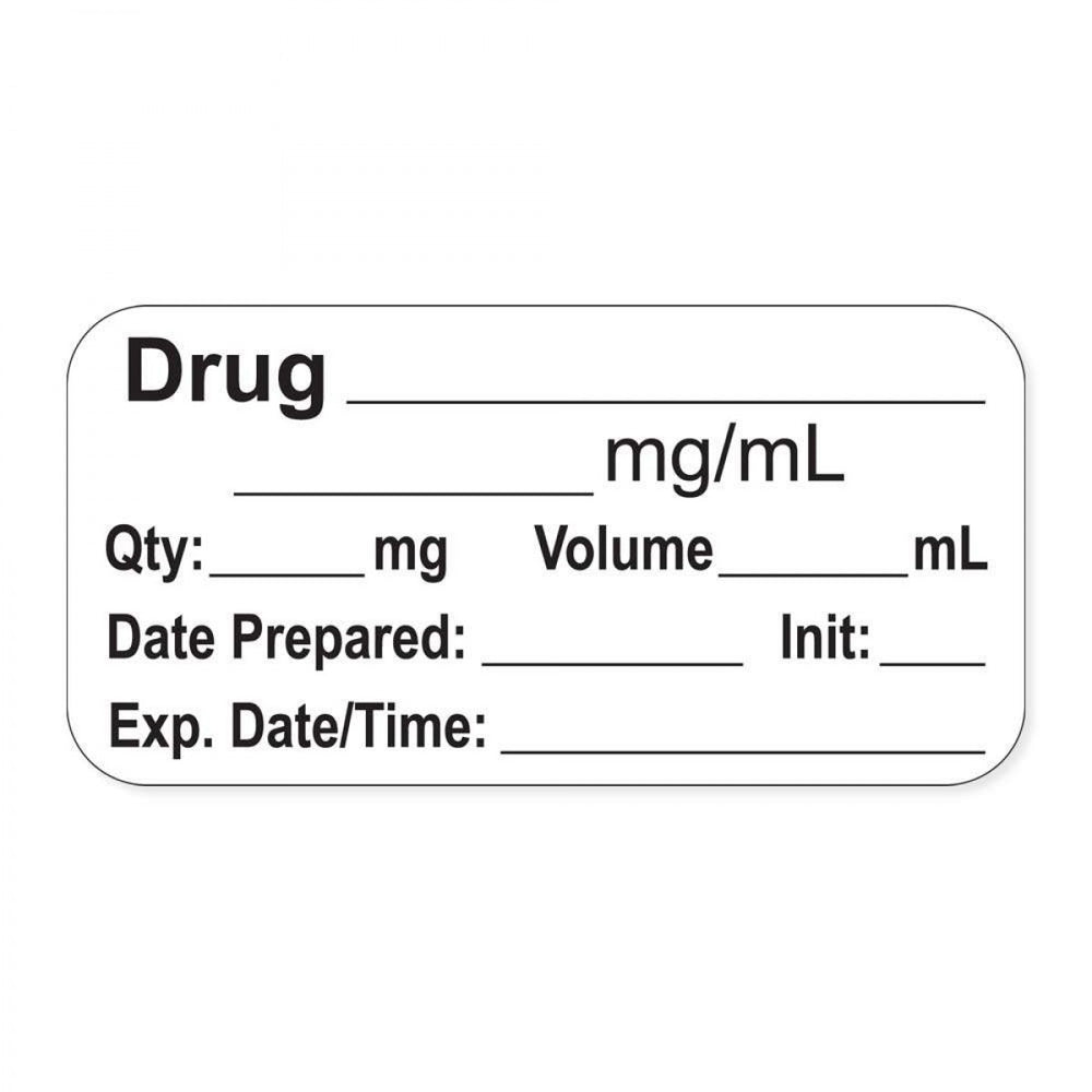 Anesthesia Label, With Experation Date, Time, And Initial, Paper, Permanent, "Drug___ Mg/Ml", 1" Core, 1-1/2" X 3/4", White, 500 Per Roll