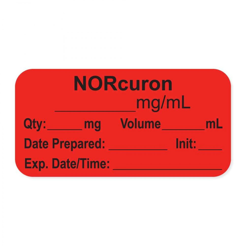 Anesthesia Label, With Experation Date, Time, And Initial, Paper, Permanent, "Norcuron Mg/Ml", 1" Core, 1-1/2" X 3/4", Fl. Red, 500 Per Roll