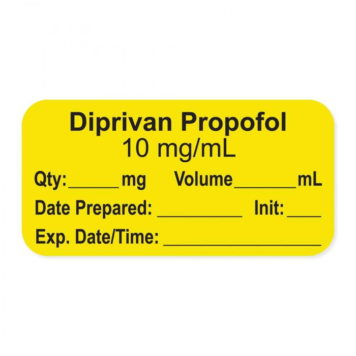 Anesthesia Label, With Experation Date, Time, And Initial, Paper, Permanent, "Diprivan Propofol 10 Mg/Ml", 1" Core, 1-1/2" X 3/4", Yellow, 500 Per Roll