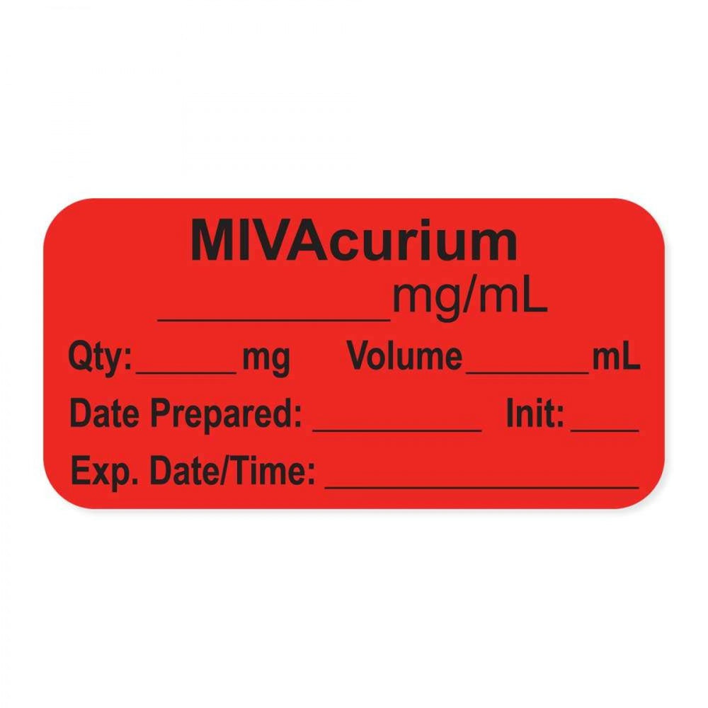 Anesthesia Label, With Experation Date, Time, And Initial, Paper, Permanent, "Mivacurium Mg/Ml", 1" Core, 1-1/2" X 3/4", Fl. Red, 500 Per Roll