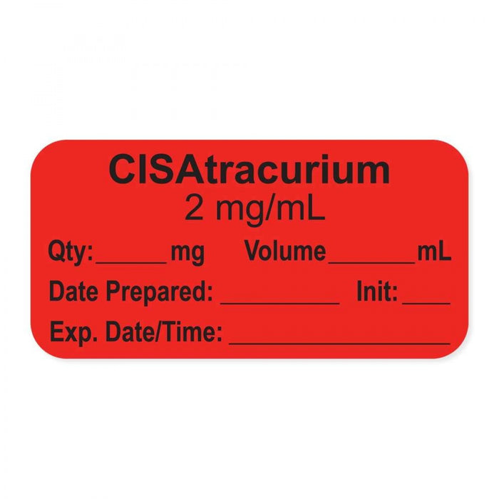 Anesthesia Label, With Experation Date, Time, And Initial, Paper, Permanent, "Cisatracurium 2 Mg/Ml", 1" Core, 1-1/2" X 3/4", Fl. Red, 500 Per Roll