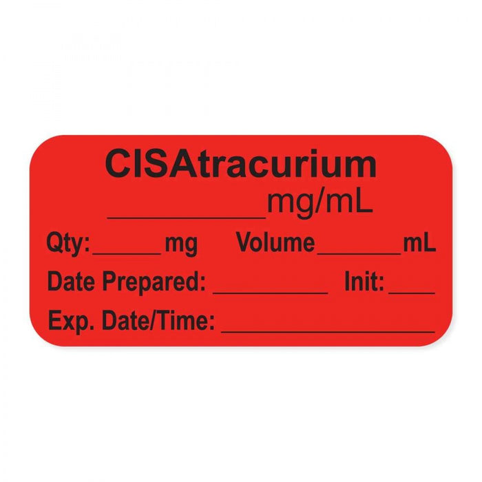 Anesthesia Label, With Experation Date, Time, And Initial, Paper, Permanent, "Cisatracurium Mg/Ml", 1" Core, 1-1/2" X 3/4", Fl. Red, 500 Per Roll