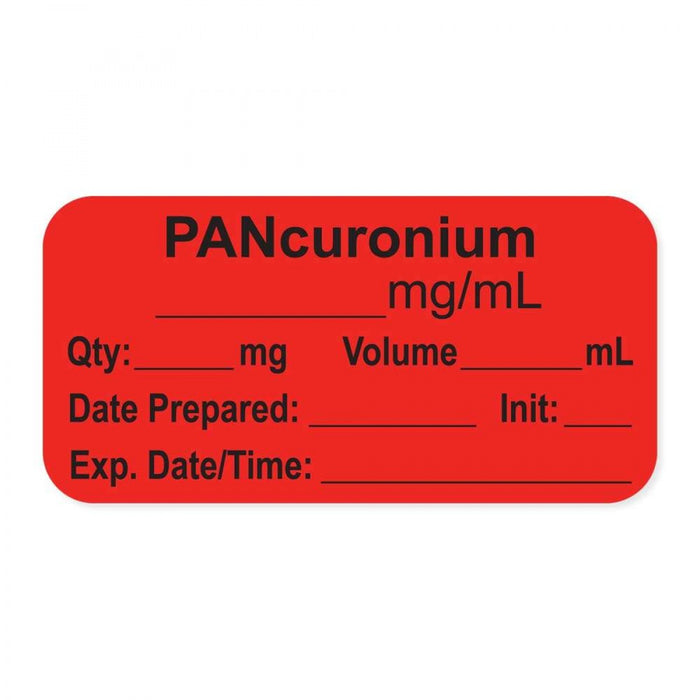 Anesthesia Label, With Experation Date, Time, And Initial, Paper, Permanent, "Pancuronium Mg/Ml", 1" Core, 1-1/2" X 3/4", Fl. Red, 500 Per Roll