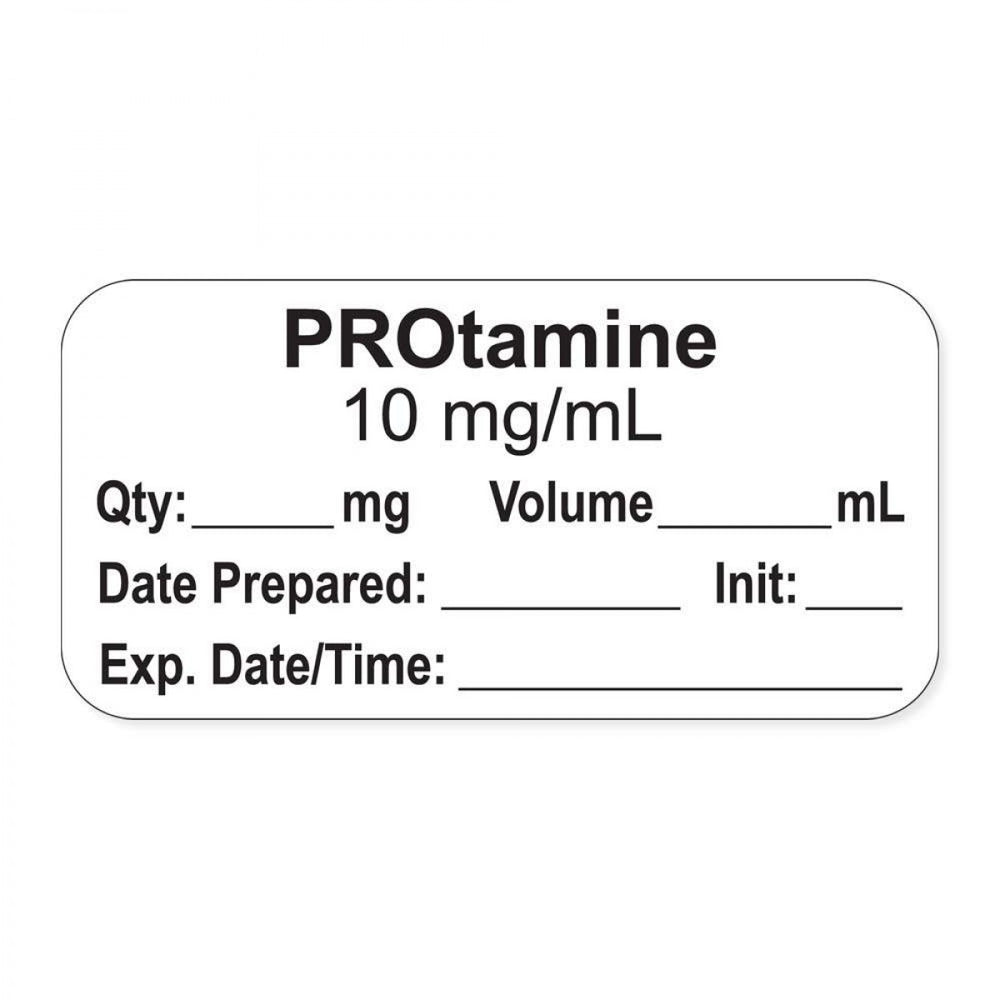 Anesthesia Label, With Experation Date, Time, And Initial, Paper, Permanent, "Protamine 10 Mg/Ml", 1" Core, 1-1/2" X 3/4", White, 500 Per Roll