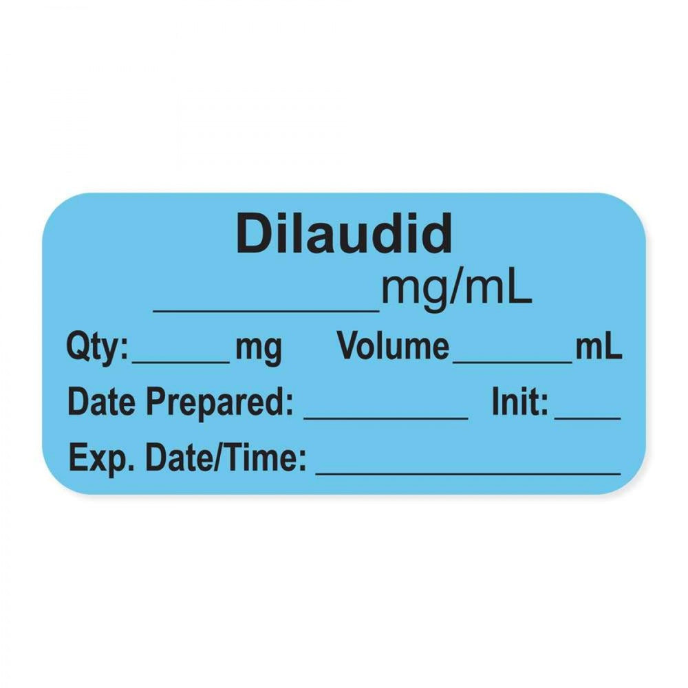 Anesthesia Label, With Experation Date, Time, And Initial, Paper, Permanent, "Dilaudid Mg/Ml", 1" Core, 1-1/2" X 3/4", Blue, 500 Per Roll