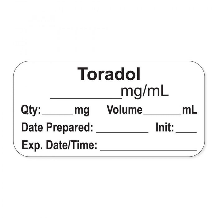 Anesthesia Label, With Experation Date, Time, And Initial, Paper, Permanent, "Toradol Mg/Ml", 1" Core, 1-1/2" X 3/4", White, 500 Per Roll