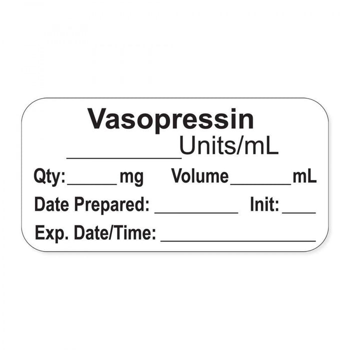 Anesthesia Label, With Experation Date, Time, And Initial, Paper, Permanent, "Vasopressin Units/Ml", 1" Core, 1-1/2" X 3/4", White, 500 Per Roll