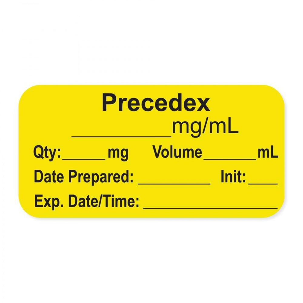 Anesthesia Label, With Experation Date, Time, And Initial, Paper, Permanent, "Precedex Mg/Ml", 1" Core, 1-1/2" X 3/4", Yellow, 500 Per Roll