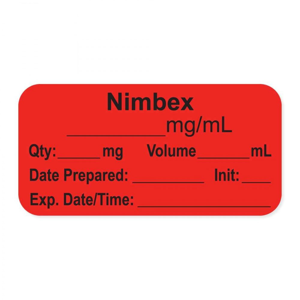 Anesthesia Label, With Experation Date, Time, And Initial, Paper, Permanent, "Nimbex Mg/Ml", 1" Core, 1-1/2" X 3/4", Fl. Red, 500 Per Roll