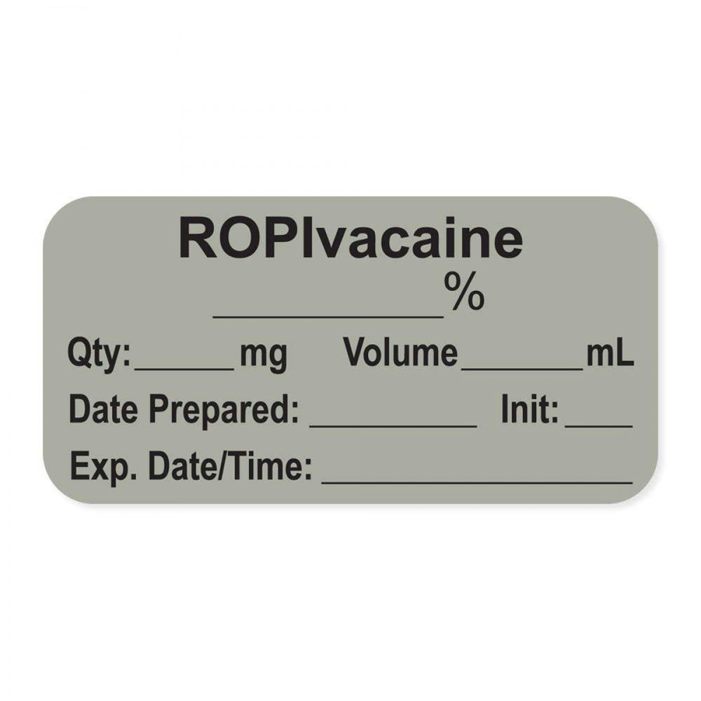 Anesthesia Label, With Experation Date, Time, And Initial, Paper, Permanent, "Ropivacaine ___%", 1" Core, 1-1/2" X 3/4", Gray, 500 Per Roll