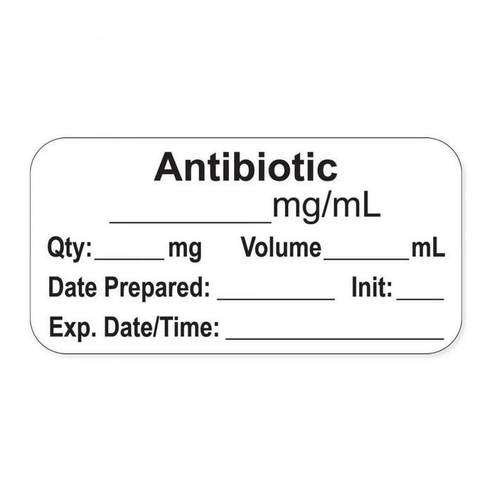 Anesthesia Label, With Experation Date, Time, And Initial, Paper, Permanent, "Antibiotic Mg/Ml", 1" Core, 1-1/2" X 3/4", White, 500 Per Roll