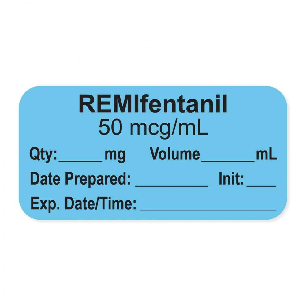 Anesthesia Label, With Experation Date, Time, And Initial, Paper, Permanent, "Remifentanil 50 Mcg/Ml", 1" Core, 1-1/2" X 3/4", Blue, 500 Per Roll