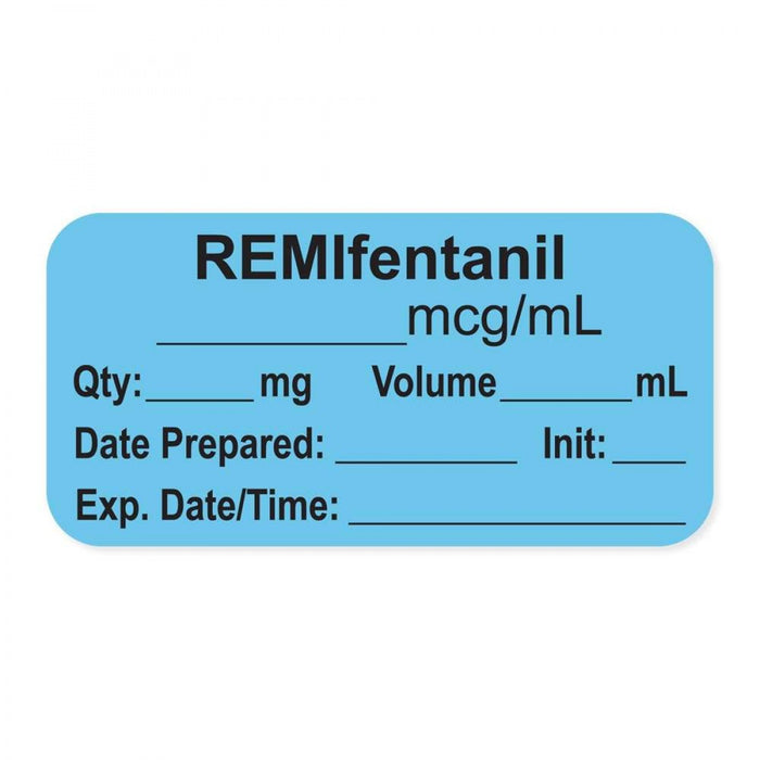 Anesthesia Label, With Experation Date, Time, And Initial, Paper, Permanent, "Remifentanil Mcg/Ml", 1" Core, 1-1/2" X 3/4", Blue, 500 Per Roll