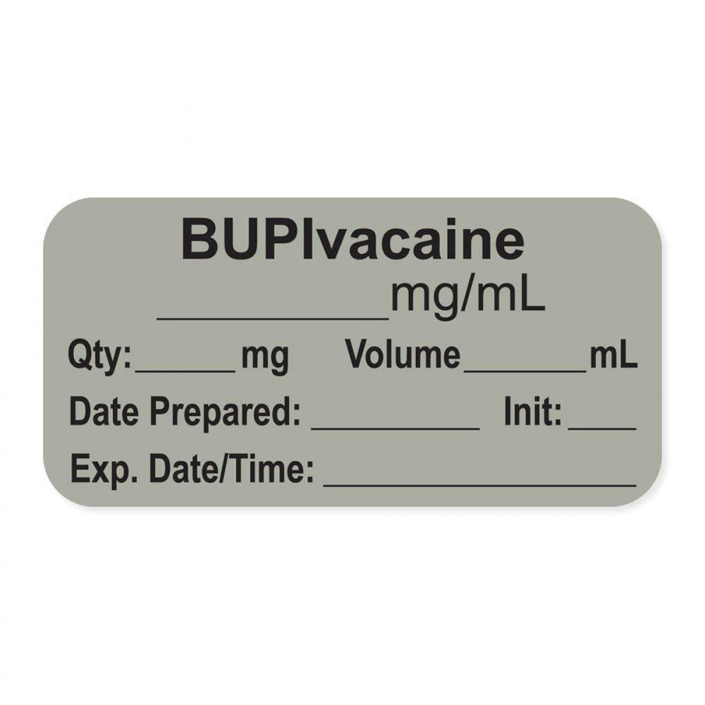 Anesthesia Label, With Experation Date, Time, And Initial, Paper, Permanent, "Bupivacaine Mg/Ml", 1" Core, 1-1/2" X 3/4", Gray, 500 Per Roll