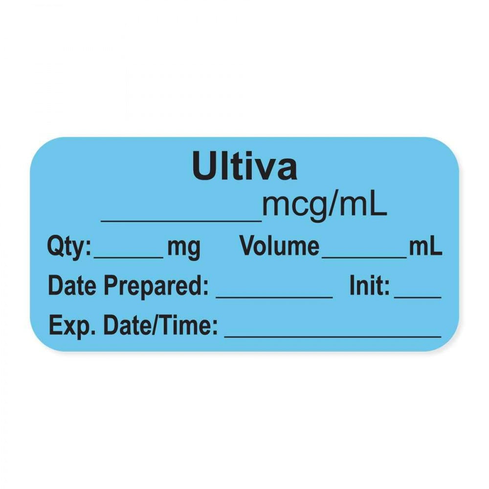 Anesthesia Label, With Experation Date, Time, And Initial, Paper, Permanent, "Ultiva Mcg/Ml", 1" Core, 1-1/2" X 3/4", Blue, 500 Per Roll