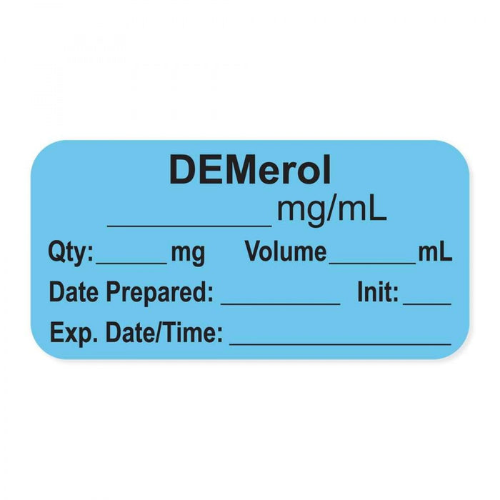 Anesthesia Label, With Experation Date, Time, And Initial, Paper, Permanent, "Demerol Mg/Ml", 1" Core, 1-1/2" X 3/4", Blue, 500 Per Roll