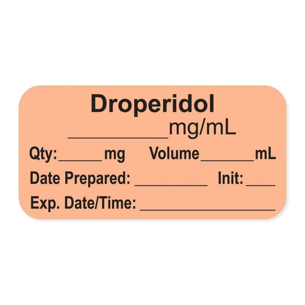 Anesthesia Label, With Experation Date, Time, And Initial, Paper, Permanent, "Droperidol Mg/Ml", 1" Core, 1-1/2" X 3/4", Salmon, 500 Per Roll