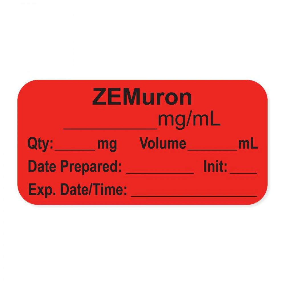 Anesthesia Label, With Experation Date, Time, And Initial, Paper, Permanent, "Zemuron Mg/Ml", 1" Core, 1-1/2" X 3/4", Fl. Red, 500 Per Roll