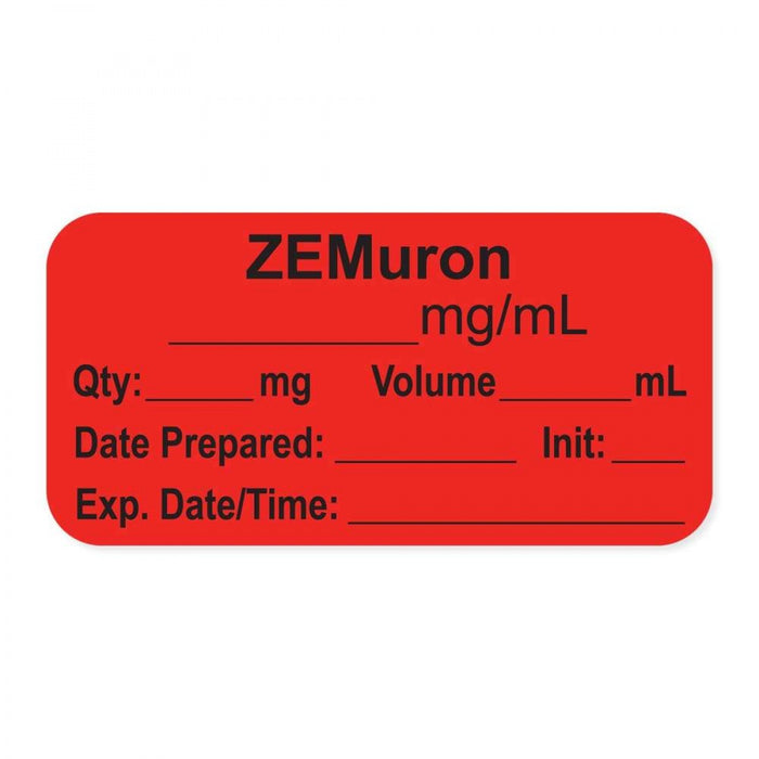 Anesthesia Label, With Experation Date, Time, And Initial, Paper, Permanent, "Zemuron Mg/Ml", 1" Core, 1-1/2" X 3/4", Fl. Red, 500 Per Roll