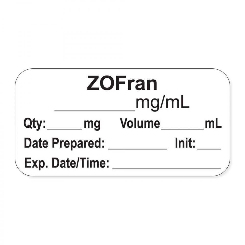 Anesthesia Label, With Experation Date, Time, And Initial, Paper, Permanent, "Zofran Mg/Ml", 1" Core, 1-1/2" X 3/4", White, 500 Per Roll