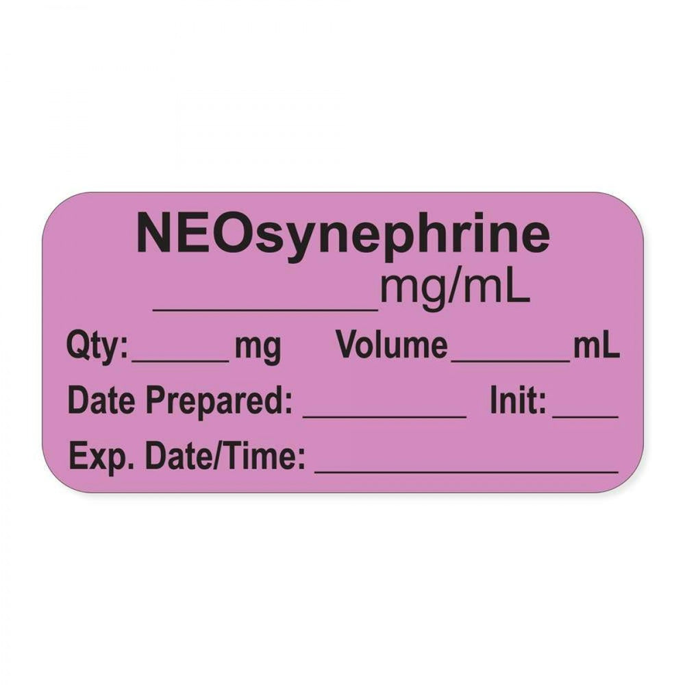 Anesthesia Label, With Experation Date, Time, And Initial, Paper, Permanent, "Neosynephrine Mg/Ml", 1" Core, 1-1/2" X 3/4", Violet, 500 Per Roll