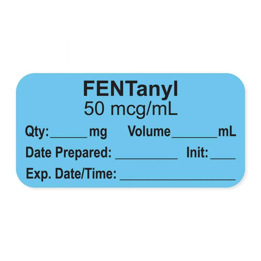 Anesthesia Label, With Experation Date, Time, And Initial, Paper, Permanent, "Fentanyl 50 Mcg/Ml", 1" Core, 1-1/2" X 3/4", Blue, 500 Per Roll