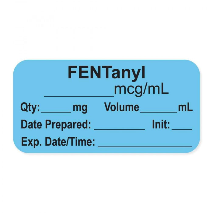 Anesthesia Label, With Experation Date, Time, And Initial, Paper, Permanent, "Fentanyl Mcg/Ml", 1" Core, 1-1/2" X 3/4", Blue, 500 Per Roll