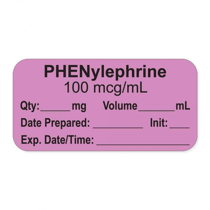 Anesthesia Label, With Experation Date, Time, And Initial, Paper, Permanent, "Phenylephrine 100 Mcg/Ml", 1" Core, 1-1/2" X 3/4", Violet, 500 Per Roll