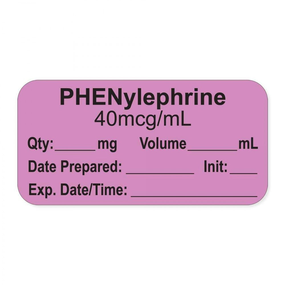 Anesthesia Label, With Experation Date, Time, And Initial, Paper, Permanent, "Phenylephrine 40 Mcg/Ml", 1" Core, 1-1/2" X 3/4", Violet, 500 Per Roll