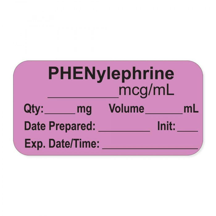 Anesthesia Label, With Experation Date, Time, And Initial, Paper, Permanent, "Phenylephrine Mcg/Ml", 1" Core, 1-1/2" X 3/4", Violet, 500 Per Roll