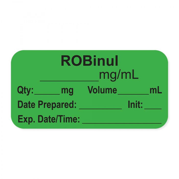 Anesthesia Label, With Experation Date, Time, And Initial, Paper, Permanent, "Robinul Mg/Ml", 1" Core, 1-1/2" X 3/4", Green, 500 Per Roll