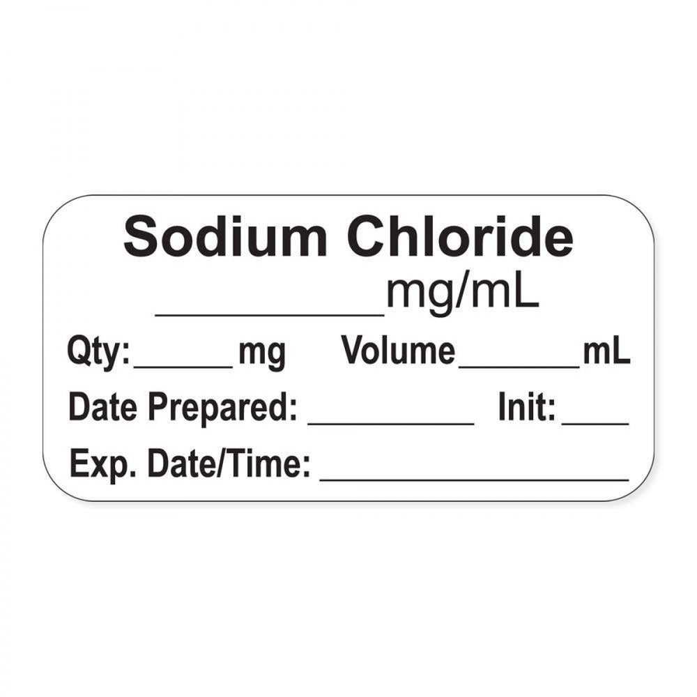 Anesthesia Label, With Experation Date, Time, And Initial, Paper, Permanent, "Sodium Chloride Mg/Ml", 1" Core, 1-1/2" X 3/4", White, 500 Per Roll