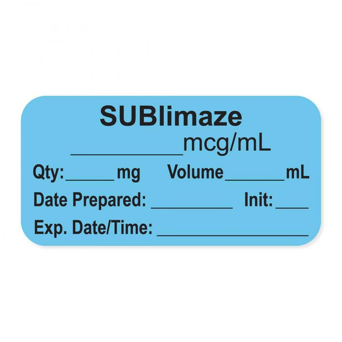 Anesthesia Label, With Experation Date, Time, And Initial, Paper, Permanent, "Sublimaze Mcg/Ml", 1" Core, 1-1/2" X 3/4", Blue, 500 Per Roll