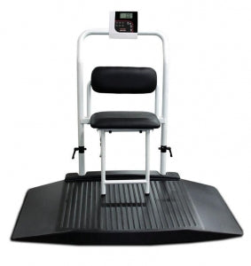 Rice Lake Weighing Systems Rice Lake Digital Wheelchair Scales - Digital Wheelchair Scale with 2 Ramps, Handrail and Fold-Away Seat, Weight Capacity of 1, 000 lb. (454 kg) - 141448