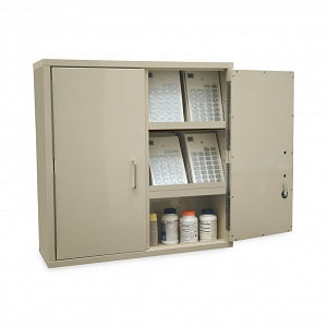 Harloff Narcotics Cabinets - Double-Door Heavy-Duty Steel Narcotics Cabinet with Double Key Lock, One Adjustable Shelf and One Fixed Shelf, Beige, 30" W x 10" D x 30" H - 2740PC-D