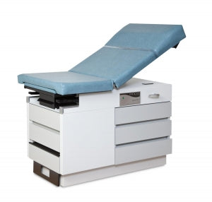 Enochs Manual Exam Tables - Basic Exam Table with Manual Back and 5 Drawers, Pearl Gray Base, Blue Upholstery - 355LHGRPGCB