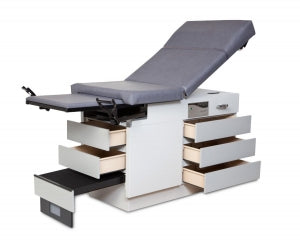 Enochs Manual Exam Tables - Basic Exam Table with Manual Back and 5 Drawers, Pearl Gray Base, Ninja Upholstery - 355LHGRPGNI