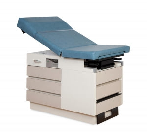 Enochs Manual Exam Tables - Basic Exam Table with Manual Back and 5 Drawers, Cream White Base, Cambridge Blue Upholstery - 355RHBECWCB