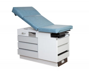 Enochs Manual Exam Tables - Basic Exam Table with Manual Back and 5 Drawers, Pearl Gray Base, Blue Upholstery - 355RHGRPGCB