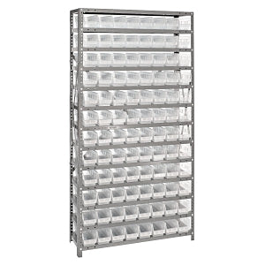 Quantum Storage Systems 12" Deep Steel Shelving Kits with Clear Bins - Steel Shelving Kit with 96 Clear Bins, 36" W x 12" D x 75" H - 1275-101CL