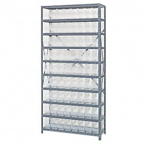 Quantum Storage Systems 12" Deep Steel Shelving Kits with Clear Bins - Steel Shelving Kit with 72 Clear Bins, 36" W x 12" D x 75" H - 1275-201CL