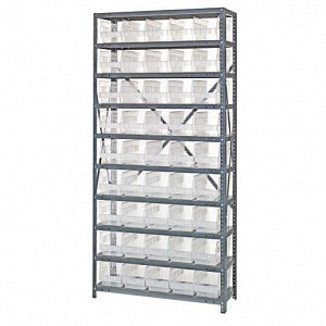 Quantum Storage Systems 12" Deep Steel Shelving Kits with Clear Bins - Steel Shelving Kit with 45 Clear Bins, 36" W x 12" D x 75" H - 1275-202CL